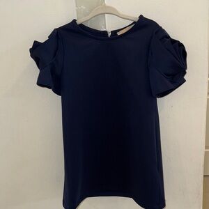 Truly Me Navy Short Sleeve Top with Floral Ruffled Sleeves